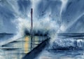 Watercolor illustration of a stone pier in a stormy ocean with foamy waves