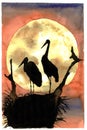 Watercolor illustration with stork nest Royalty Free Stock Photo