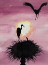 Watercolor illustration with stork nest Royalty Free Stock Photo