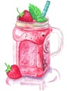 Watercolor illustration of strawberry juice in a glass jar