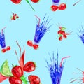 Watercolor illustration of strawberry,lime and juice splash in a glass. Isolated on blue background. Seamless pattern