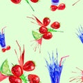 Watercolor illustration of strawberry,lime and juice splash in a glass. Isolated on green background. Seamless pattern