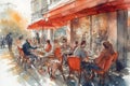 Watercolor illustration of a street cafe with red canopy in Paris on a summer day Royalty Free Stock Photo