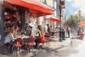 Watercolor illustration of a street cafe with red canopy in Paris on a summer day Royalty Free Stock Photo