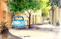 Watercolor illustration of the street of an old European city with a vintage blue car Royalty Free Stock Photo