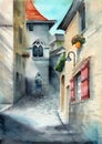 Watercolor illustration of a street of an old European town with colorful houses Royalty Free Stock Photo