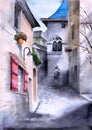 Watercolor illustration of a street of an old European town Royalty Free Stock Photo