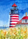 Watercolor illustration of a striped red and white West Quoddy Head Lighthouse