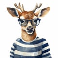 Watercolor Illustration Of A Stylish Deer In Glasses And Striped Shirt