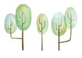 Watercolor illustration. Stylized trees. A set of three trees.