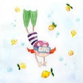 Watercolor illustration of summer diver girl with lemons