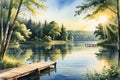 Watercolor Illustration of a Summer Landscape - Golden Sunlight Casting Long Shadows on a Tranquil Lakeside