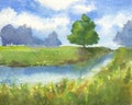 Watercolor illustration of summer landscape with trees, green grass, river, blue sky with clouds Royalty Free Stock Photo