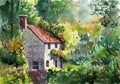 Watercolor illustration of a summer landscape with a village house Royalty Free Stock Photo