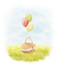 Watercolor illustration with summer meadow, sky and wicker picnic basket with balloons Royalty Free Stock Photo