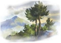 Watercolor illustration summer mountain landscape with pine trees on the rocks. Royalty Free Stock Photo