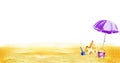 Watercolor illustration of summer theme, beach umbrella, sand castle, children's beach toys on beach sand, holiday Royalty Free Stock Photo