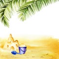 Watercolor illustration of summer theme, sand castle with children beach toys on yellow textured sand, green palm leaves Royalty Free Stock Photo