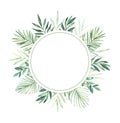 Watercolor illustration. Summer tropical label. Tropical palm leaves monstera, areca, fan, banana. Perfect for wedding Royalty Free Stock Photo