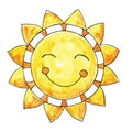 Watercolor illustration with sun. Joyful picture for children.