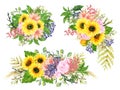 Watercolor Illustration Sunflower Rose Wildflower Blossom Botanical Leaves Collection Set Of Wild And Garden Wreath Bouquet