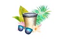 watercolor illustration of sunglasses and a cup of coffee .tropical flowers, palm tree branch, on a white background