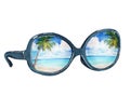 Watercolor illustration of sunglasses with reflection of the tropical beach, palms, ocean and blue sky.