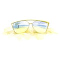 Modern sunglasses with palms reflection. Watercolor summer banner, poster, fresh, modern, advertisement