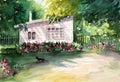 Watercolor illustration of a sunlit country cottage Royalty Free Stock Photo