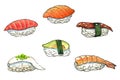 Watercolor illustration of sushi icon collection