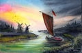 A watercolor illustration of a swampy river valley at sunset with a river and a riverboat with a red sail