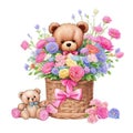 Watercolor sweet cute teddy bear in basket, with beautiful flower Royalty Free Stock Photo