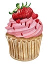 Watercolor illustration of sweet and tasty cupcakes with cream Delicious food illustration.