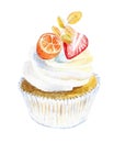 Cupcake with white creame, strawberry and kumquat