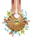 Watercolor illustration: symbol of prayer for Ukraine, prayer for peace. The heart is the flag of Ukraine, God sends a Dove of