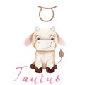 Watercolor illustration Taurus Bull Symbol of the year 2021 Zodiac Funny and cute Cow New Year illustration