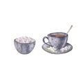 Watercolor illustration tea of cup and sugar bowl. Hand painted card isolated on white background. Tea of cup and sugar