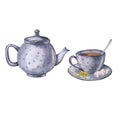 Watercolor illustration tea set with cardamom, sugar. Hand painted card isolated on white background. Tea set