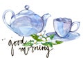 Watercolor illustration Tea time with lettering-good morning