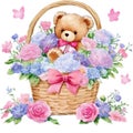 Watercolor cute teddy bear in basket, with beautiful flower, pink and violet tone Royalty Free Stock Photo