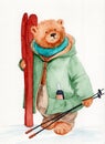 Watercolor illustration of a teddy bear with a green jacket