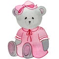 Watercolor illustration. Teddy bear in a pink dress.