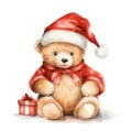 watercolor illustration of teddy bear in santa hat with gift on white background Royalty Free Stock Photo