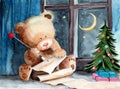 Watercolor illustration of a teddy bear writing a letter to Santa Claus Royalty Free Stock Photo