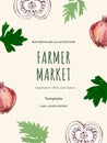 Watercolor illustration of template organic fresh herb and spice mediterranian vegetables foods farmer maket frame banner