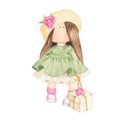 Watercolor cute little girl tilda doll