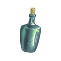 Watercolor illustration on the theme of sea fishing. The bottle is green, glass. Royalty Free Stock Photo