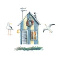 Watercolor illustration on the theme of sea fishing. Fisherman's house, lifebuoy, seagulls, grass, shore, sea.