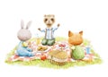 Watercolor illustration with three animal friends in summer picnic on green grass