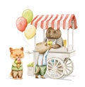 Watercolor illustration with three animal in summer buy ice cream